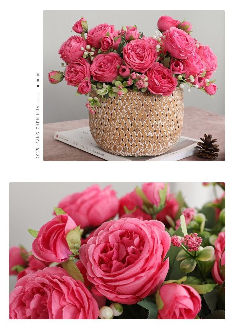 Beautiful Rose Peony Artificial Silk Eucalyptus Fake Flowers Small bouquet Flores Home Party Spring Wedding Decoration Artificial Silk Rose Flower Bouquet Lifelike Fake Rose for Wedding Home Party Decoration Event Gift Stevvex