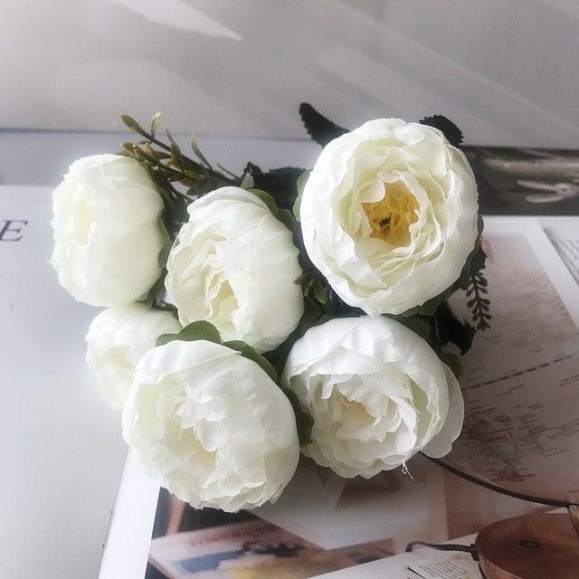Beautiful Rose Peony Artificial Silk Eucalyptus Fake Flowers Small bouquet Flores Home Party Spring Wedding Decoration Artificial Silk Rose Flower Bouquet Lifelike Fake Rose for Wedding Home Party Decoration Event Gift Stevvex