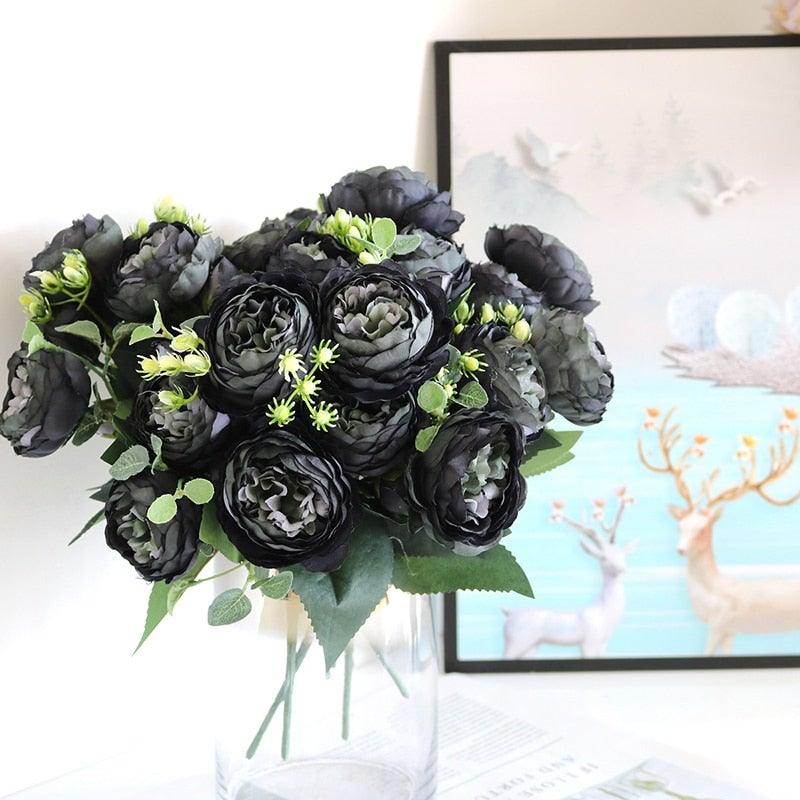 Beautiful Rose Peony Artificial Silk Eucalyptus Fake Flowers Small bouquet Flores Home Party Spring Wedding Decoration Artificial Silk Rose Flower Bouquet Lifelike Fake Rose for Wedding Home Party Decoration Event Gift Stevvex