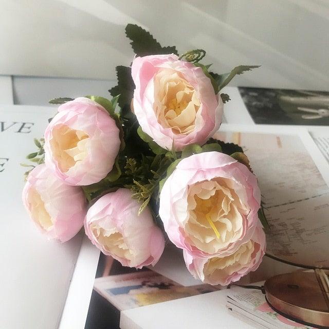 Beautiful Rose Peony Artificial Silk Eucalyptus Fake Flowers Small bouquet Flores Home Party Spring Wedding Decoration Artificial Silk Rose Flower Bouquet Lifelike Fake Rose for Wedding Home Party Decoration Event Gift Stevvex