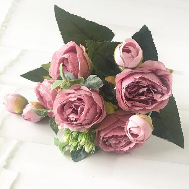Beautiful Rose Peony Artificial Silk Eucalyptus Fake Flowers Small bouquet Flores Home Party Spring Wedding Decoration Artificial Silk Rose Flower Bouquet Lifelike Fake Rose for Wedding Home Party Decoration Event Gift Stevvex