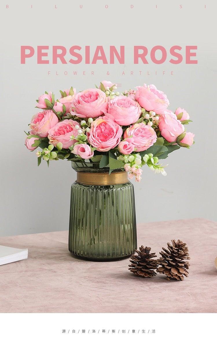 Beautiful Rose Peony Artificial Silk Eucalyptus Fake Flowers Small bouquet Flores Home Party Spring Wedding Decoration Artificial Silk Rose Flower Bouquet Lifelike Fake Rose for Wedding Home Party Decoration Event Gift Stevvex