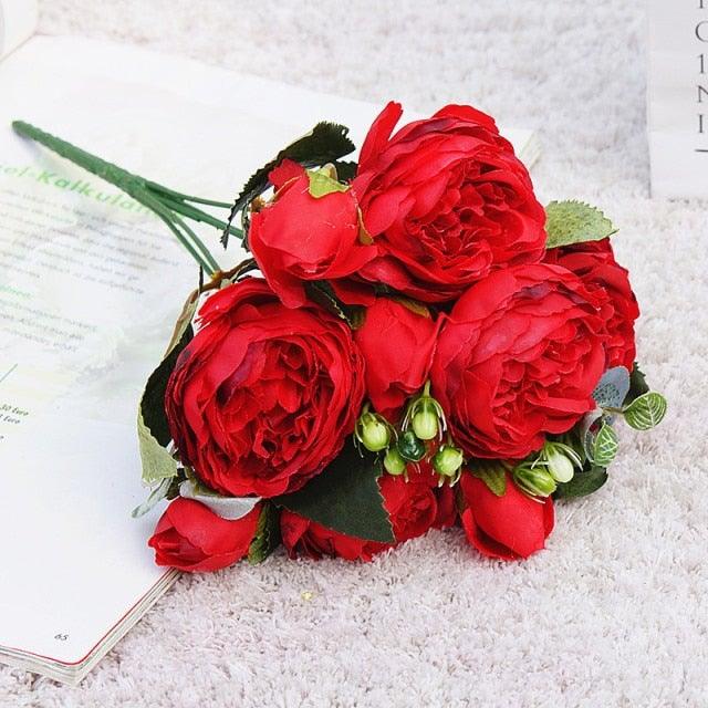 Beautiful Rose Peony Artificial Silk Eucalyptus Fake Flowers Small bouquet Flores Home Party Spring Wedding Decoration Artificial Silk Rose Flower Bouquet Lifelike Fake Rose for Wedding Home Party Decoration Event Gift Stevvex