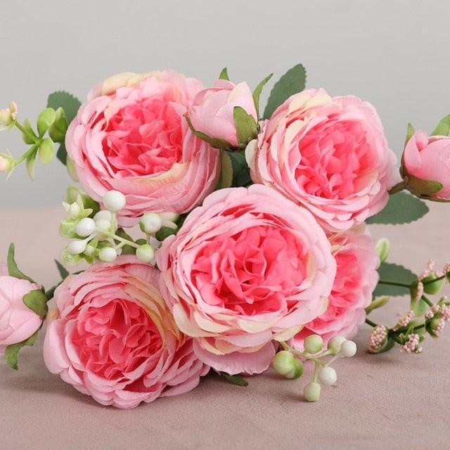 Beautiful Rose Peony Artificial Silk Eucalyptus Fake Flowers Small bouquet Flores Home Party Spring Wedding Decoration Artificial Silk Rose Flower Bouquet Lifelike Fake Rose for Wedding Home Party Decoration Event Gift Stevvex