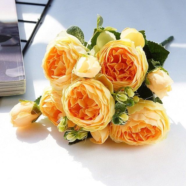 Beautiful Rose Peony Artificial Silk Eucalyptus Fake Flowers Small bouquet Flores Home Party Spring Wedding Decoration Artificial Silk Rose Flower Bouquet Lifelike Fake Rose for Wedding Home Party Decoration Event Gift Stevvex
