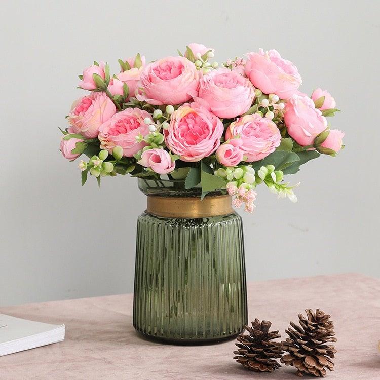 Beautiful Rose Peony Artificial Silk Eucalyptus Fake Flowers Small bouquet Flores Home Party Spring Wedding Decoration Artificial Silk Rose Flower Bouquet Lifelike Fake Rose for Wedding Home Party Decoration Event Gift Stevvex
