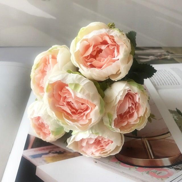 Beautiful Rose Peony Artificial Silk Eucalyptus Fake Flowers Small bouquet Flores Home Party Spring Wedding Decoration Artificial Silk Rose Flower Bouquet Lifelike Fake Rose for Wedding Home Party Decoration Event Gift Stevvex
