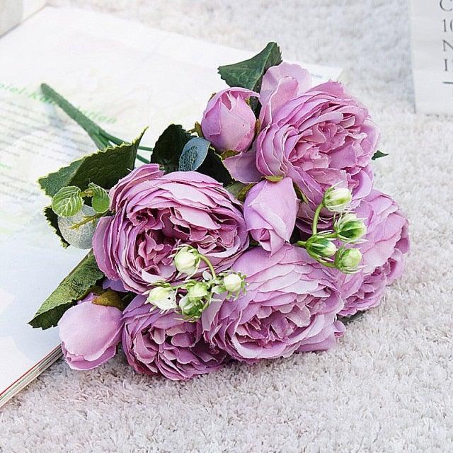 Beautiful Rose Peony Artificial Silk Eucalyptus Fake Flowers Small bouquet Flores Home Party Spring Wedding Decoration Artificial Silk Rose Flower Bouquet Lifelike Fake Rose for Wedding Home Party Decoration Event Gift Stevvex
