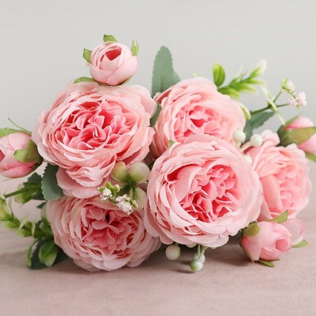 Beautiful Rose Peony Artificial Silk Eucalyptus Fake Flowers Small bouquet Flores Home Party Spring Wedding Decoration Artificial Silk Rose Flower Bouquet Lifelike Fake Rose for Wedding Home Party Decoration Event Gift Stevvex