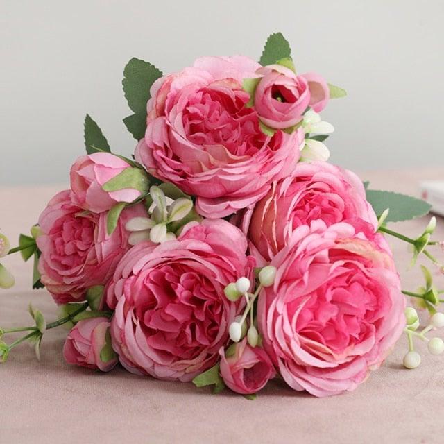 Beautiful Rose Peony Artificial Silk Eucalyptus Fake Flowers Small bouquet Flores Home Party Spring Wedding Decoration Artificial Silk Rose Flower Bouquet Lifelike Fake Rose for Wedding Home Party Decoration Event Gift Stevvex
