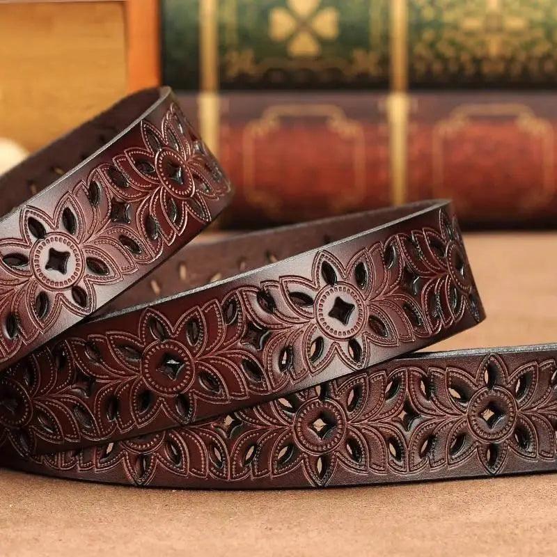 Beautiful Vintage White Genuine Leather Belts With Pin Buckle Strap Floral Design Classic Ladies Waistbands Stevvex