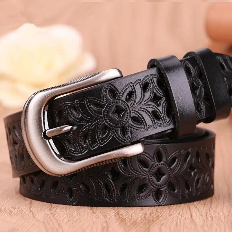 Beautiful Vintage White Genuine Leather Belts With Pin Buckle Strap Floral Design Classic Ladies Waistbands Stevvex