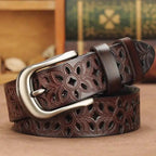Beautiful Vintage White Genuine Leather Belts With Pin Buckle Strap Floral Design Classic Ladies Waistbands Stevvex