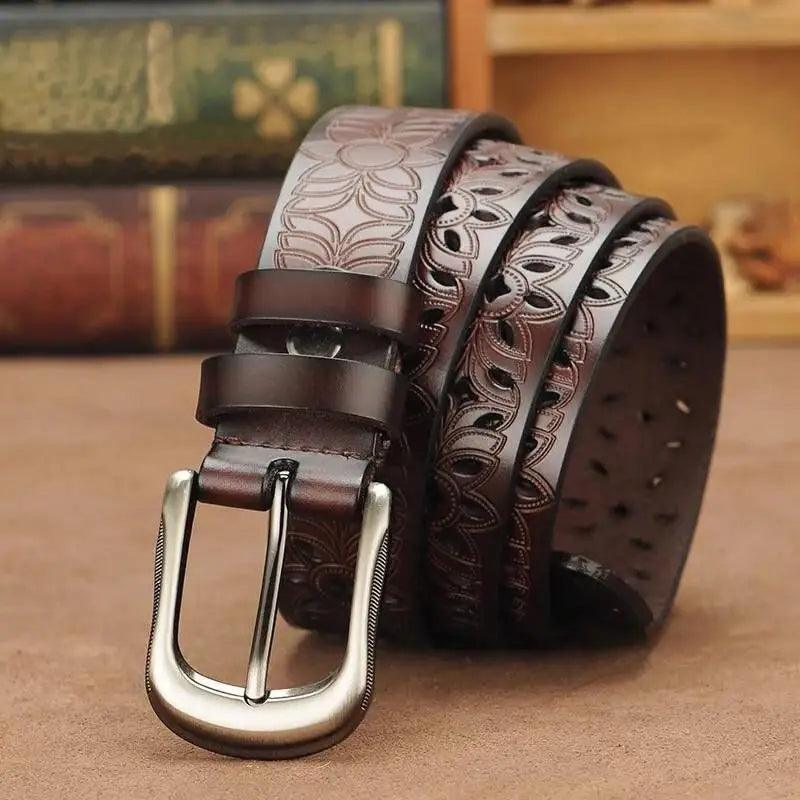 Beautiful Vintage White Genuine Leather Belts With Pin Buckle Strap Floral Design Classic Ladies Waistbands Stevvex