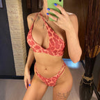 Beautiful Women Rose Red Bikini Female Swimsuit Women Swimwear Two-pieces Bikini Set One Shoulder Bathing Suit Women's One Shoulder Bikini Set High Waist Swimsuit Two Piece Halter Push Up Bathing Suit Stevvex