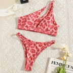 Beautiful Women Rose Red Bikini Female Swimsuit Women Swimwear Two-pieces Bikini Set One Shoulder Bathing Suit Women's One Shoulder Bikini Set High Waist Swimsuit Two Piece Halter Push Up Bathing Suit Stevvex