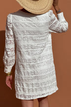 White Lace Floral Round Neck Puff Sleeve Shift Mini Dress