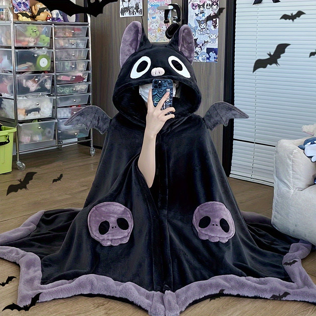 Cozy Bat-Themed Hooded Wearable Blanket with Detachable Nose - Soft Flannel, Machine Washable for Autumn & Winter Lootquake LLC