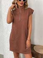 Retro Brown Half-Zip Cap Sleeve Mini Dress Classic & Vintage Design Dress For Girls