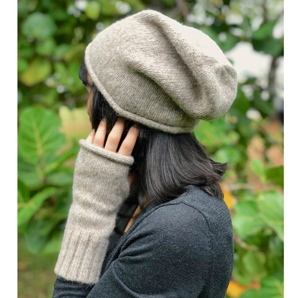 Alpaca Fingerless Knit Gloves Beige Long Ribbed Cuff Thumb Slit Warm Wrist BandsCo Straps