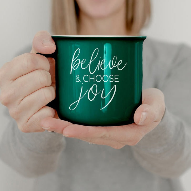 Believe And Joy Ceramic Campfire Mug 14.5oz Red Green Double-Sided White Text BandsCo Straps