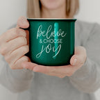 Believe And Joy Ceramic Campfire Mug 14.5oz Red Green Double-Sided White Text BandsCo Straps