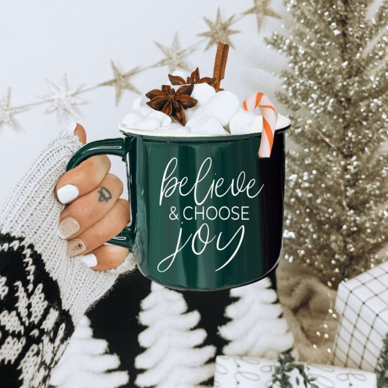 Believe And Joy Ceramic Campfire Mug 14.5oz Red Green Double-Sided White Text BandsCo Straps