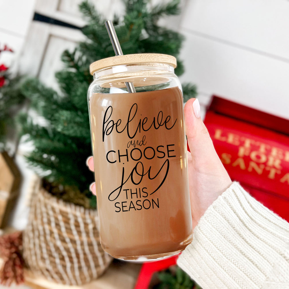 17oz Glass Tumbler With Bamboo Lid, 2 Steel Straws And Cleaner - Believe Joy BandsCo Straps