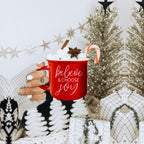 Believe And Joy Ceramic Campfire Mug 14.5oz Red Green Double-Sided White Text BandsCo Straps