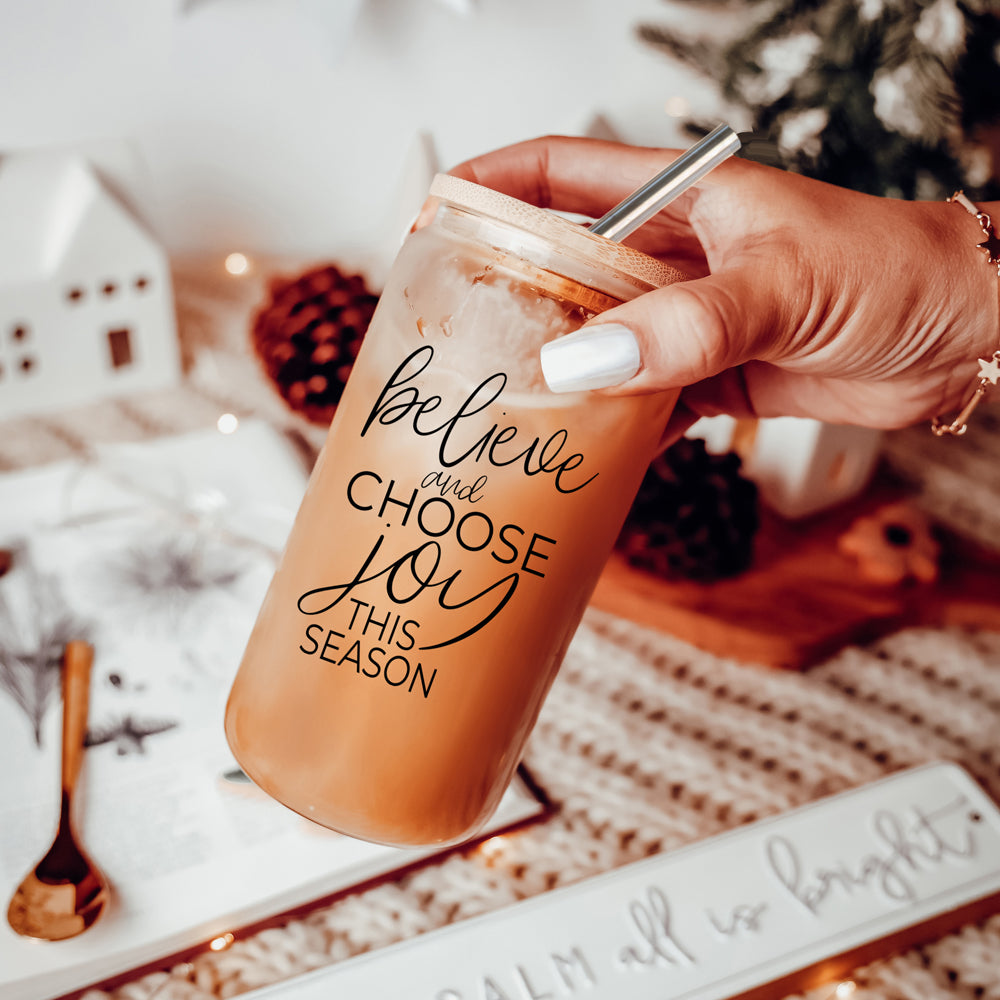 17oz Glass Tumbler With Bamboo Lid, 2 Steel Straws And Cleaner - Believe Joy BandsCo Straps