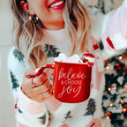 Believe And Joy Ceramic Campfire Mug 14.5oz Red Green Double-Sided White Text BandsCo Straps