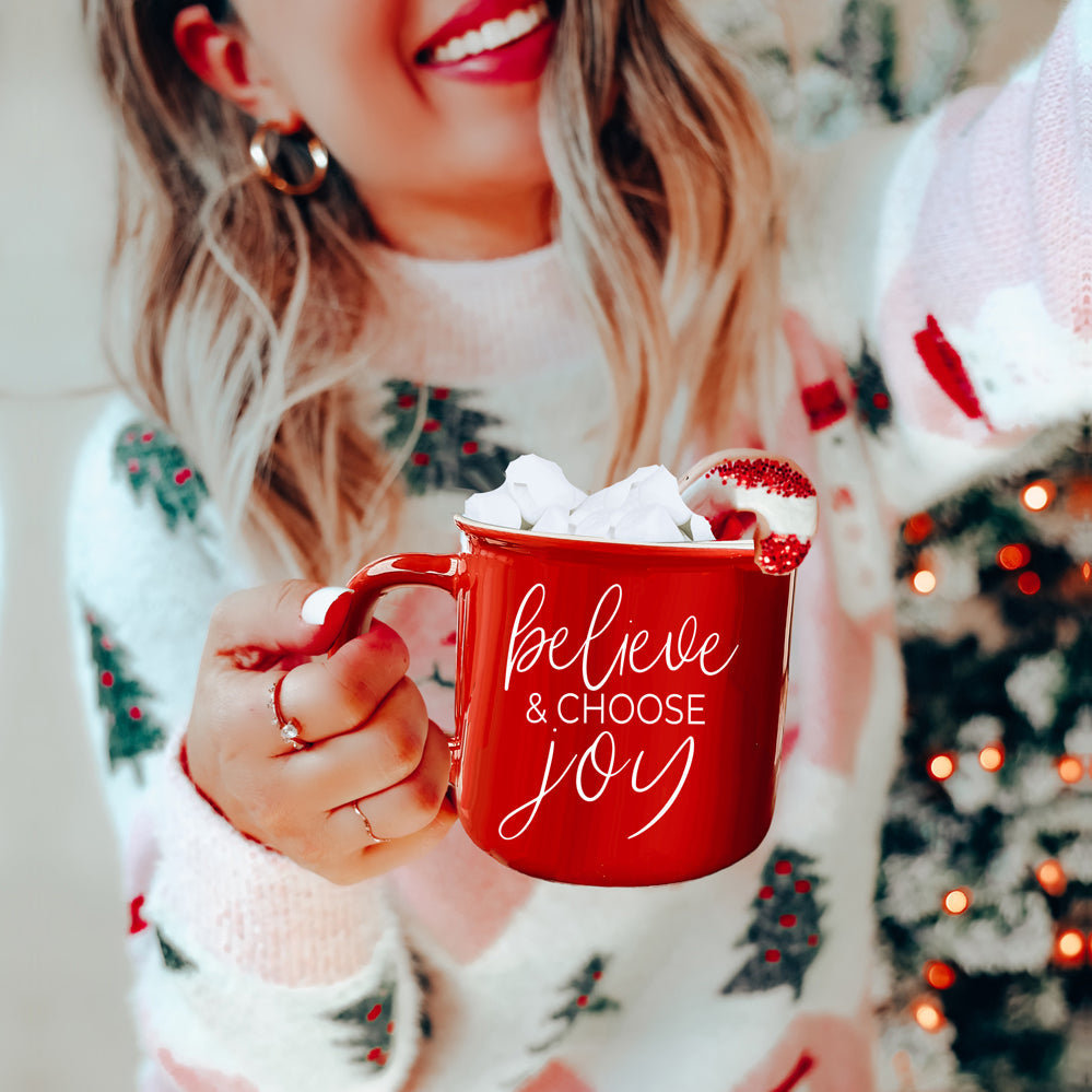 Believe And Joy Ceramic Campfire Mug 14.5oz Red Green Double-Sided White Text BandsCo Straps