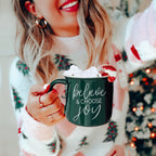 Believe And Joy Ceramic Campfire Mug 14.5oz Red Green Double-Sided White Text BandsCo Straps