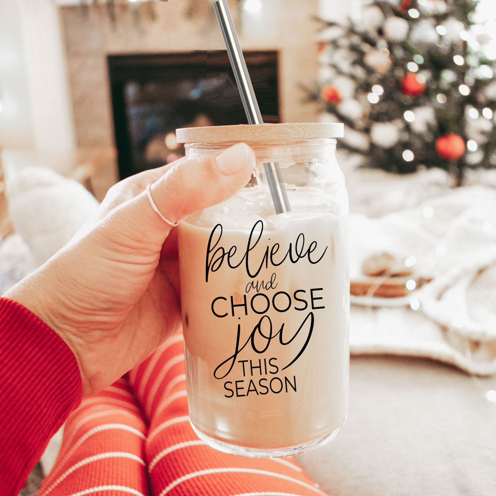 17oz Glass Tumbler With Bamboo Lid, 2 Steel Straws And Cleaner - Believe Joy BandsCo Straps