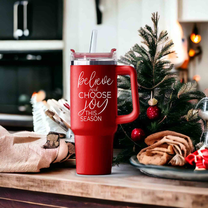 Believe Joy 40oz Insulated Tumbler With Handle Lid Straw Holiday Travel Mug BandsCo Straps