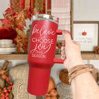 Believe Joy 40oz Insulated Tumbler With Handle Lid Straw Holiday Travel Mug BandsCo Straps