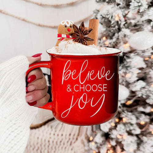 Believe And Joy Ceramic Campfire Mug 14.5oz Red Green Double-Sided White Text BandsCo Straps