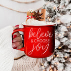 Believe And Joy Ceramic Campfire Mug 14.5oz Red Green Double-Sided White Text BandsCo Straps