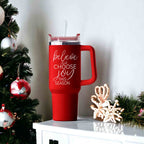Believe Joy 40oz Insulated Tumbler With Handle Lid Straw Holiday Travel Mug BandsCo Straps