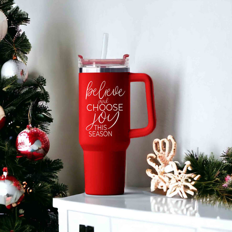 Believe Joy 40oz Insulated Tumbler With Handle Lid Straw Holiday Travel Mug BandsCo Straps