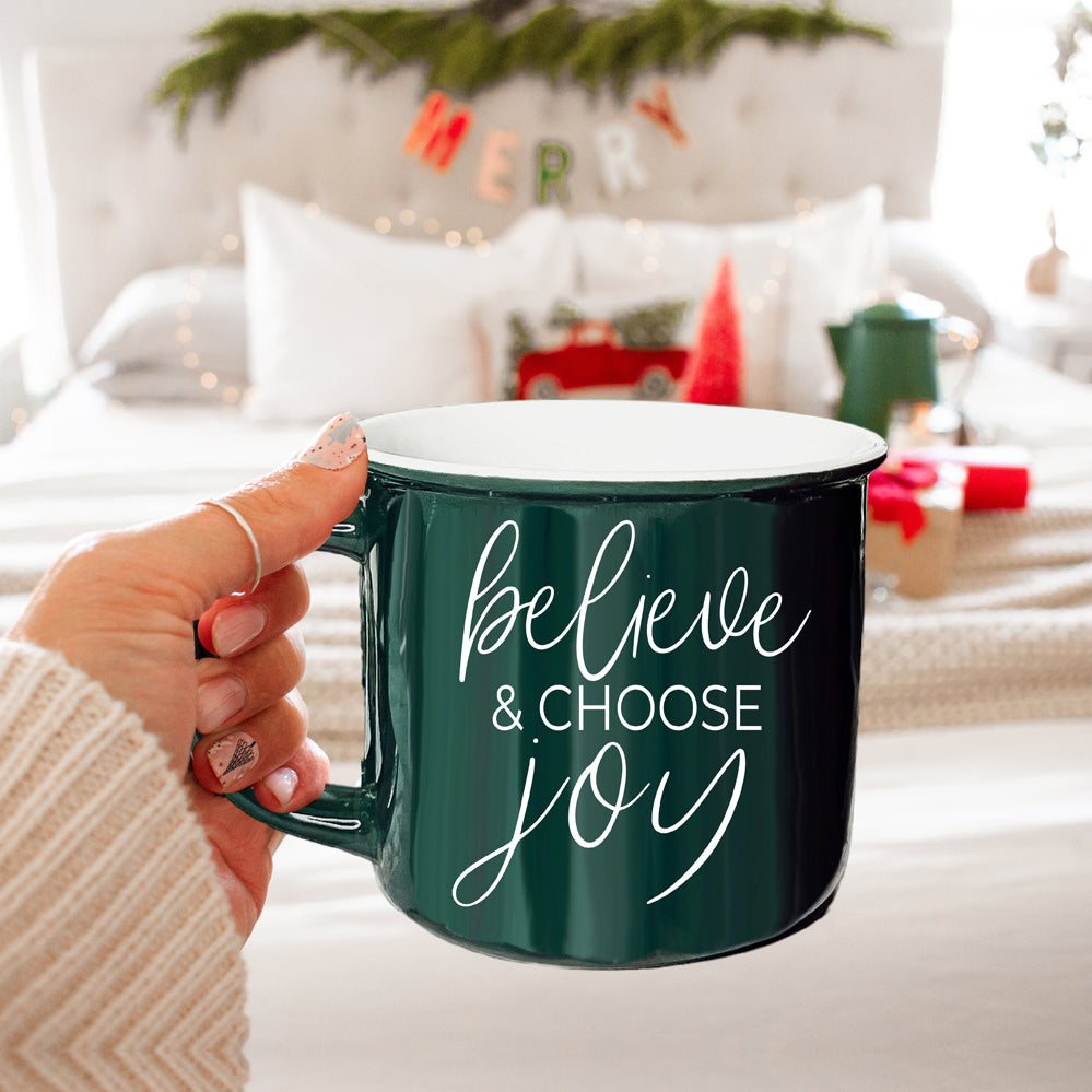 Believe And Joy Ceramic Campfire Mug 14.5oz Red Green Double-Sided White Text BandsCo Straps