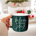 Believe And Joy Ceramic Campfire Mug 14.5oz Red Green Double-Sided White Text BandsCo Straps