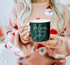 Believe And Joy Ceramic Campfire Mug 14.5oz Red Green Double-Sided White Text BandsCo Straps
