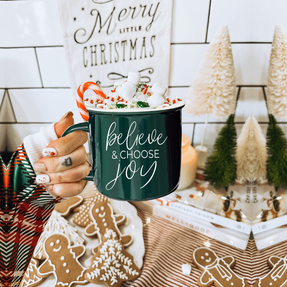 Believe And Joy Ceramic Campfire Mug 14.5oz Red Green Double-Sided White Text BandsCo Straps