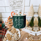 Believe And Joy Ceramic Campfire Mug 14.5oz Red Green Double-Sided White Text BandsCo Straps
