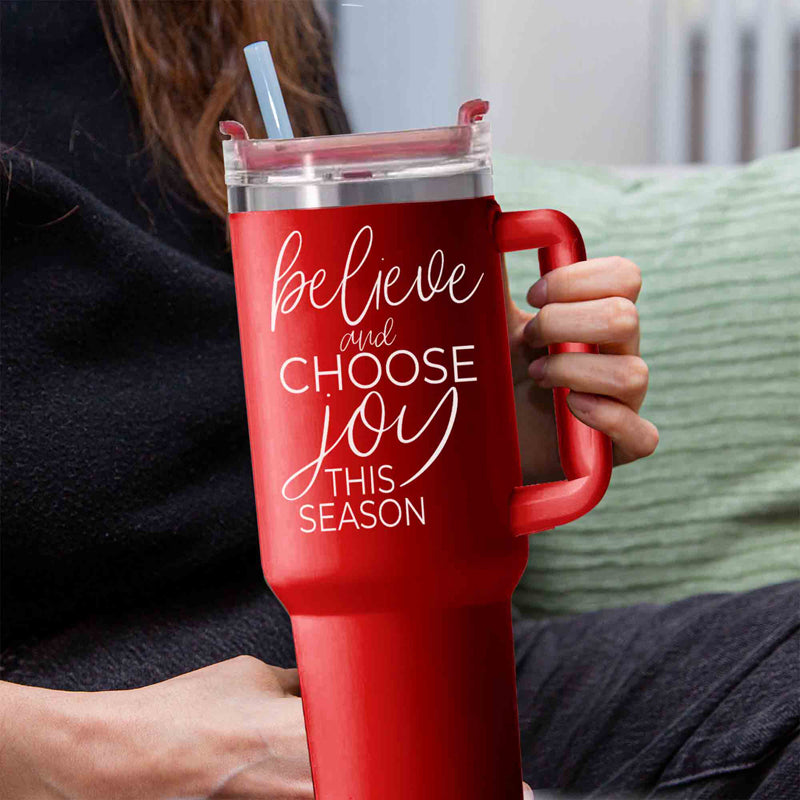 Believe Joy 40oz Insulated Tumbler With Handle Lid Straw Holiday Travel Mug BandsCo Straps