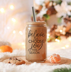 17oz Glass Tumbler With Bamboo Lid, 2 Steel Straws And Cleaner - Believe Joy BandsCo Straps