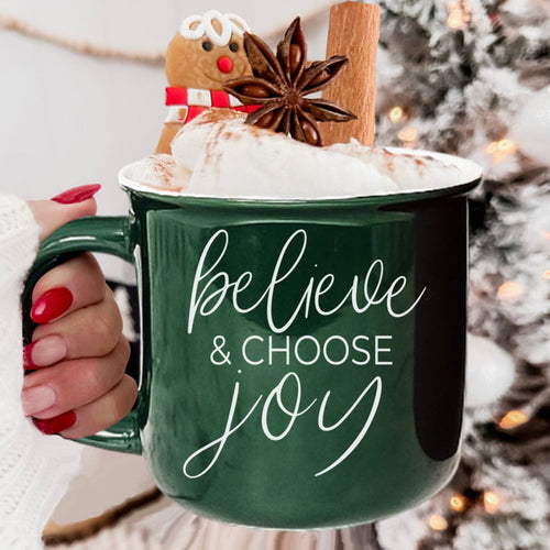 Believe And Joy Ceramic Campfire Mug 14.5oz Red Green Double-Sided White Text BandsCo Straps