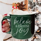 Believe And Joy Ceramic Campfire Mug 14.5oz Red Green Double-Sided White Text BandsCo Straps