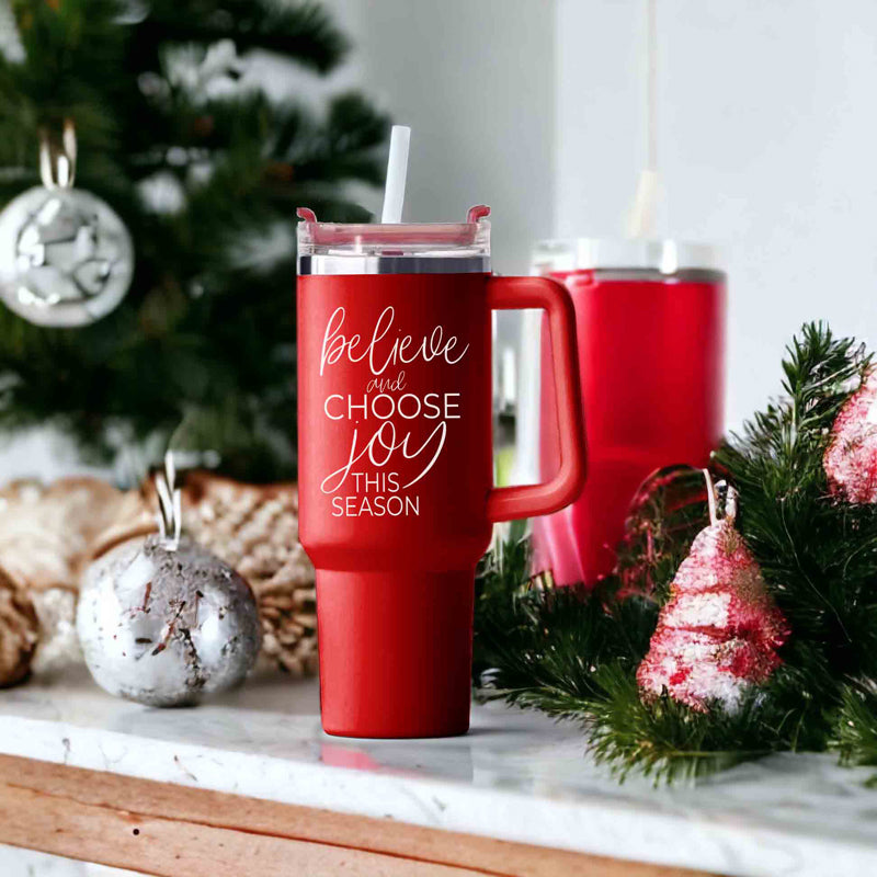 Believe Joy 40oz Insulated Tumbler With Handle Lid Straw Holiday Travel Mug BandsCo Straps